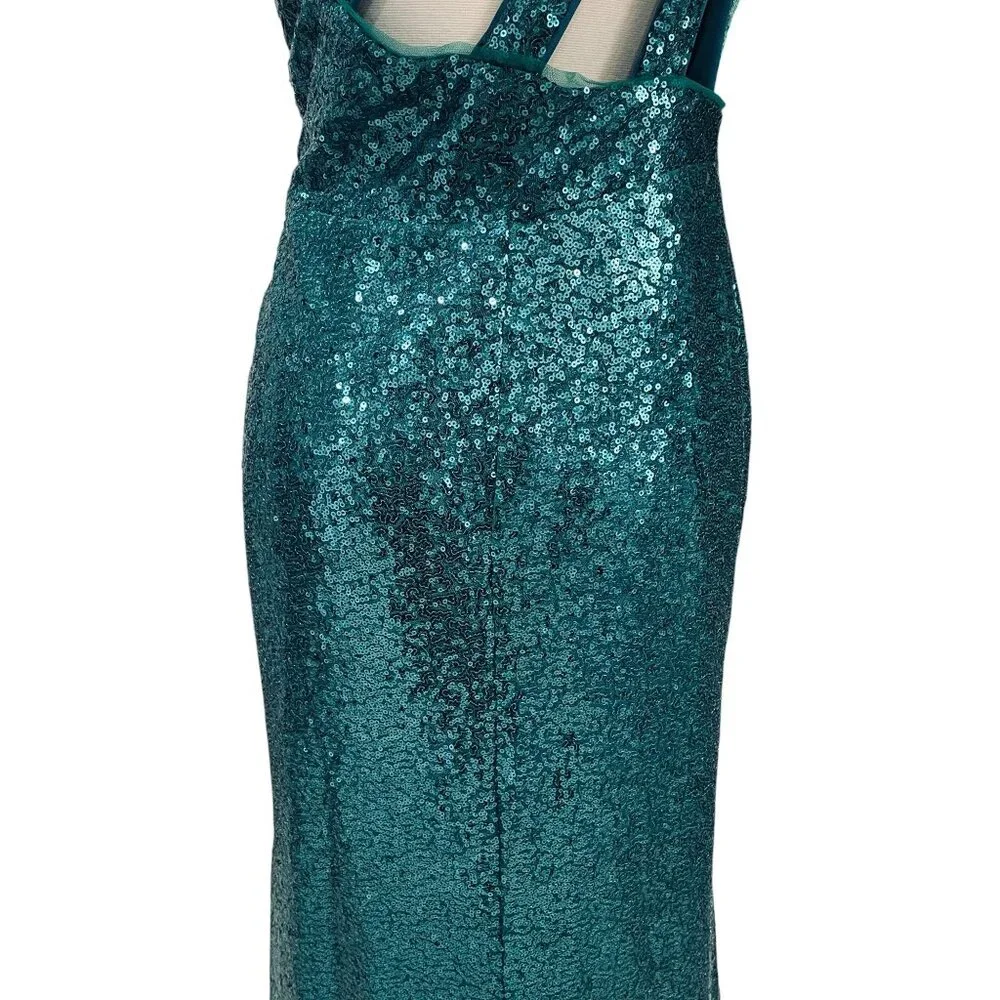 Teal Sequin One Shoulder Slit Maxi Dress Formal Gown Prom‎ Y2K Party Sexy - Picture 10 of 11